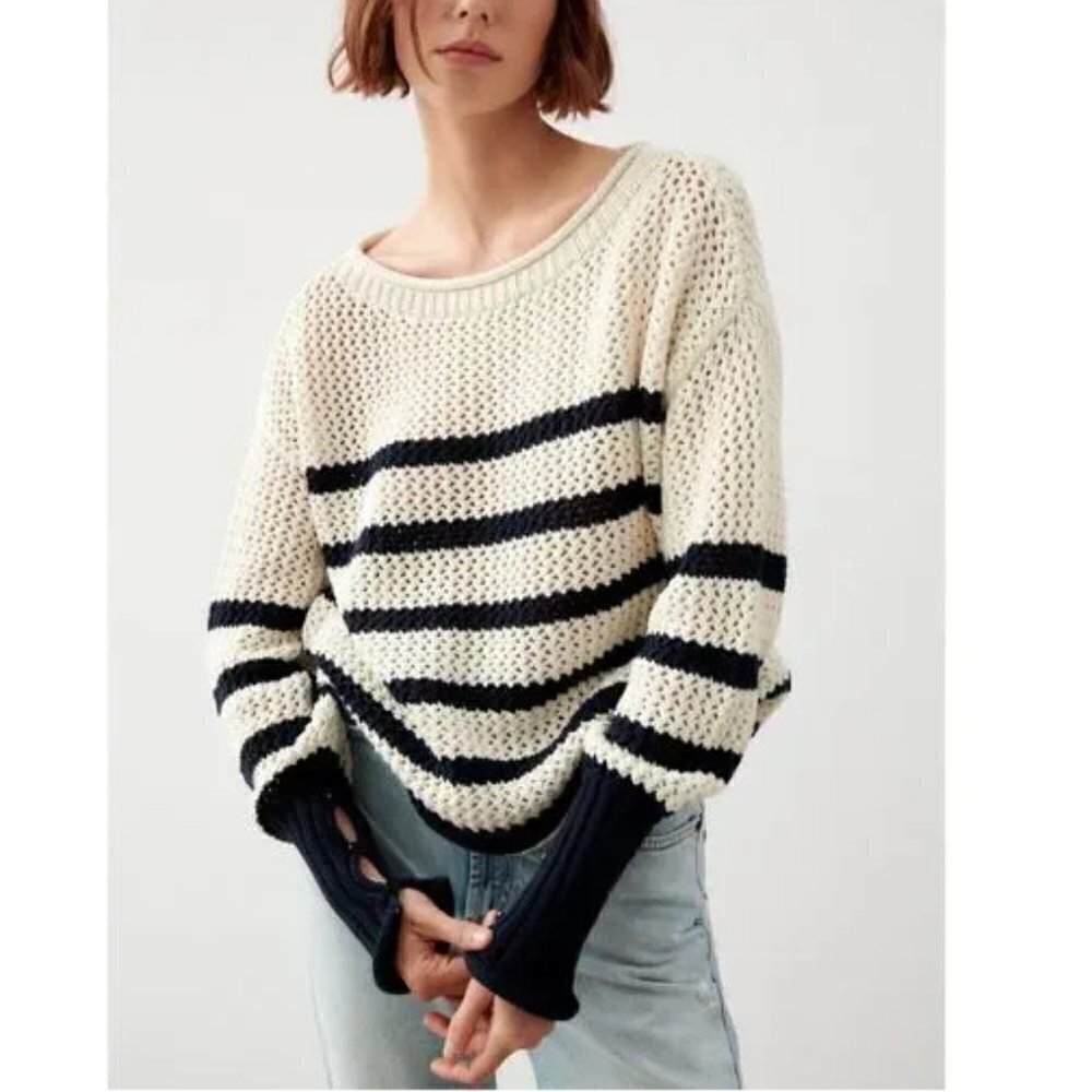 Zara‎ Oversized Striped Open-Stitch Knit Sweater Navy/Cream Size S